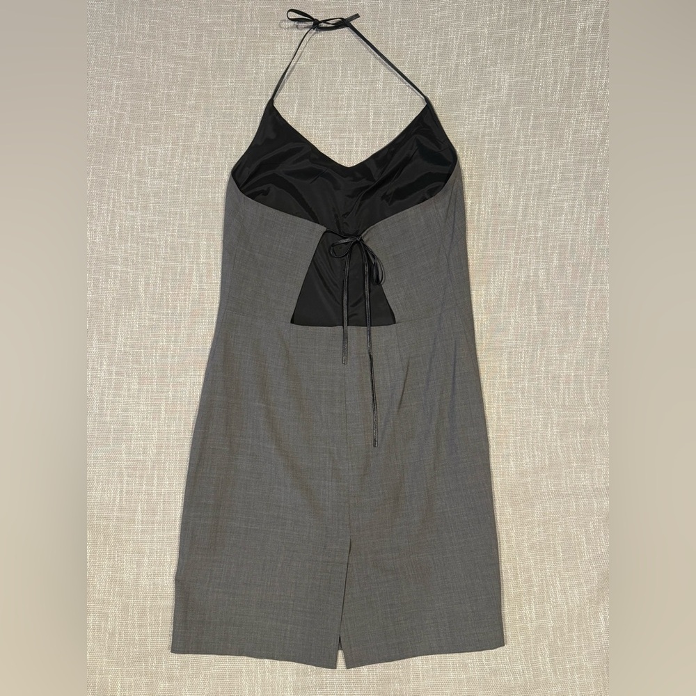 GAP VINTAGE OPEN BACK/TIE Mini Dress Black Leatherstraps grey wool blend…